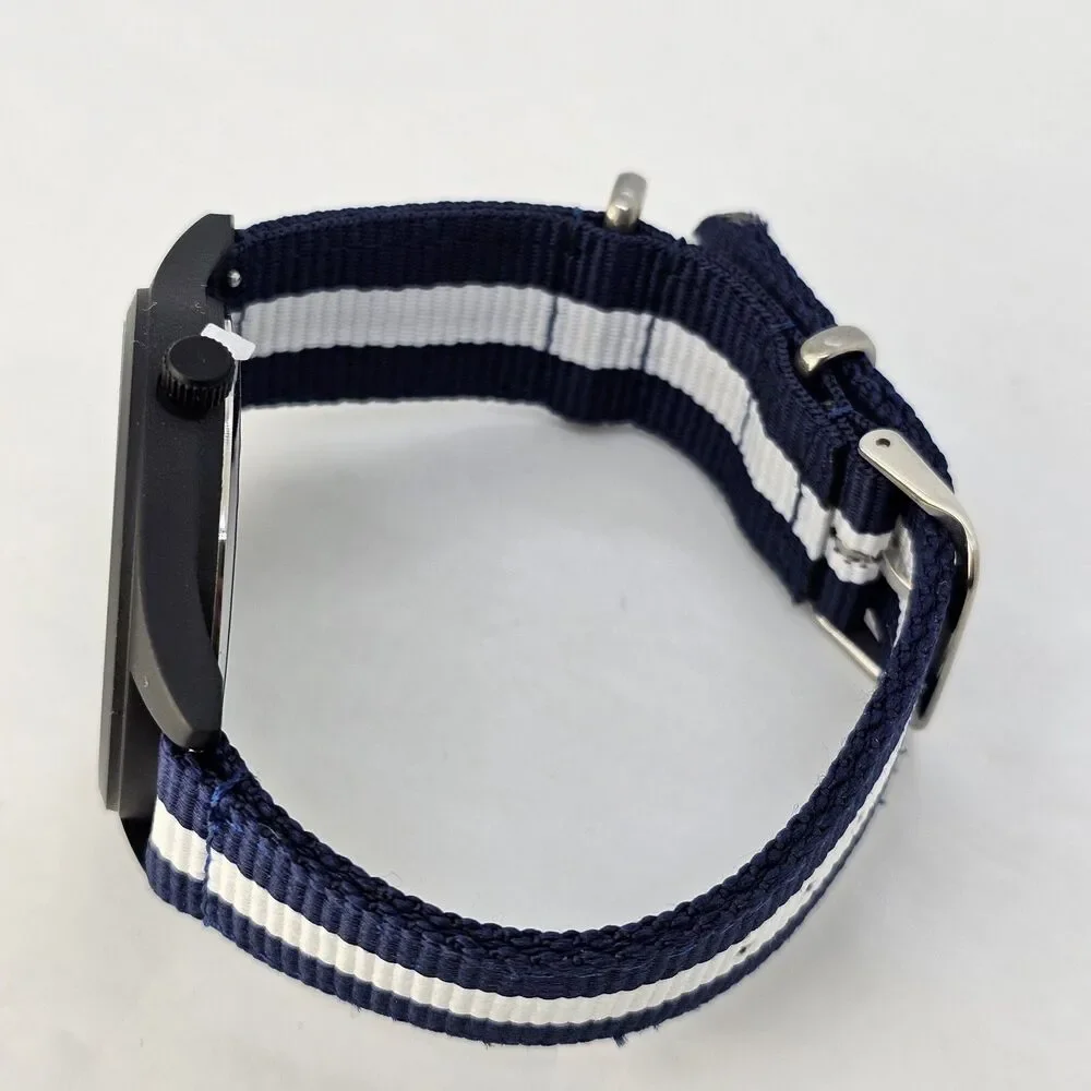 Men's Field Watch 42MM Black Case Black‎ Dial Blue White Canvas Band Straps